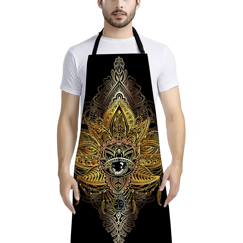 Golden Spiritual Lotus Print Bib Apron With Pocket