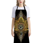 Golden Spiritual Lotus Print Bib Apron With Pocket