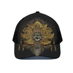 Golden Spiritual Lotus Print Black Mesh Trucker Cap