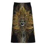 Golden Spiritual Lotus Print Cotton Front Slit Maxi Skirt