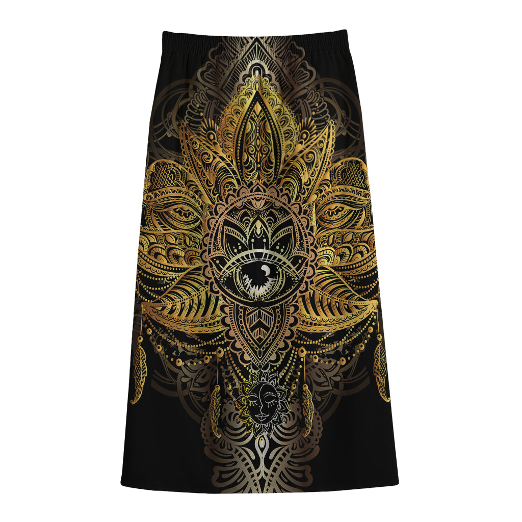 Golden Spiritual Lotus Print Cotton Front Slit Maxi Skirt