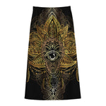Golden Spiritual Lotus Print Cotton Front Slit Maxi Skirt