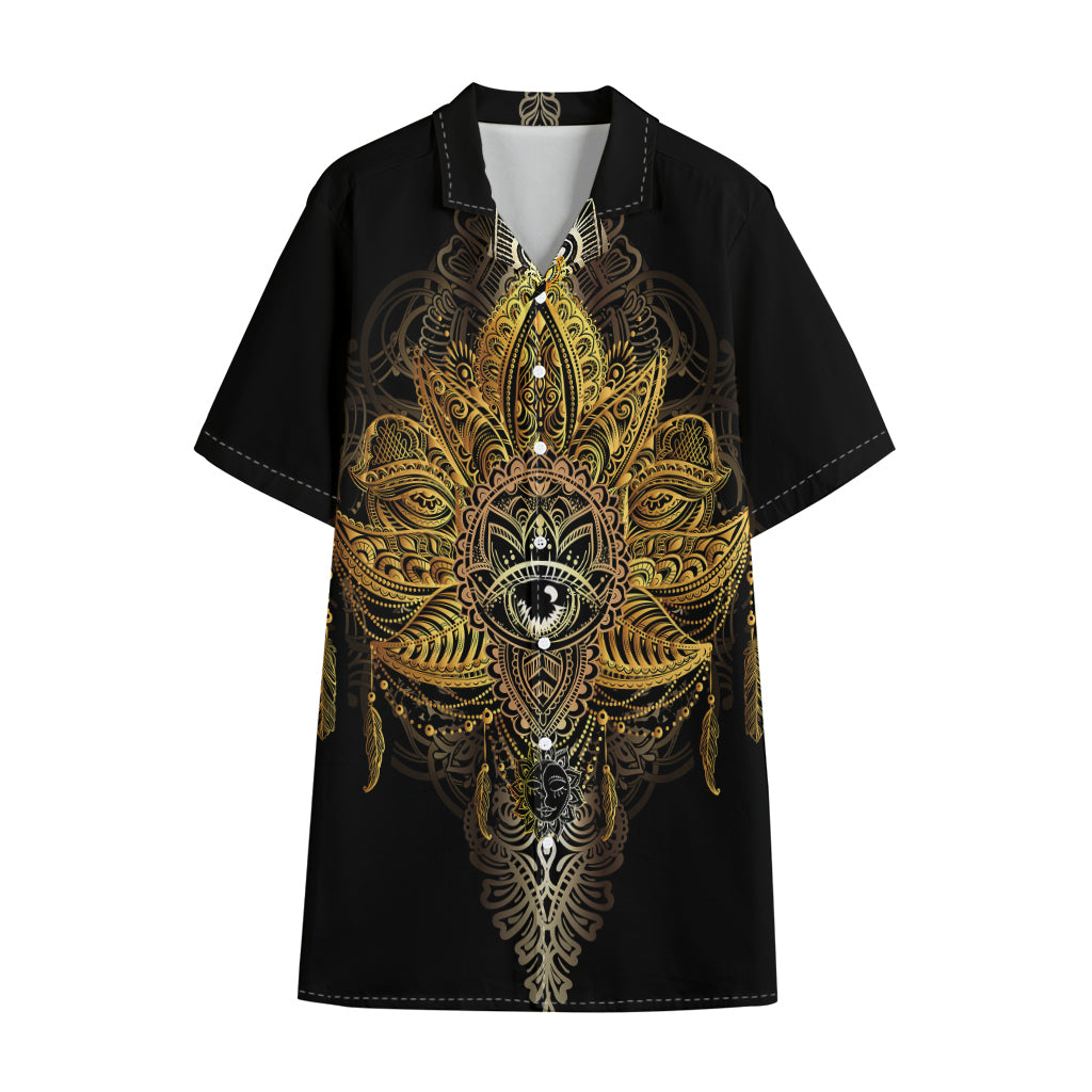 Golden Spiritual Lotus Print Cotton Hawaiian Shirt