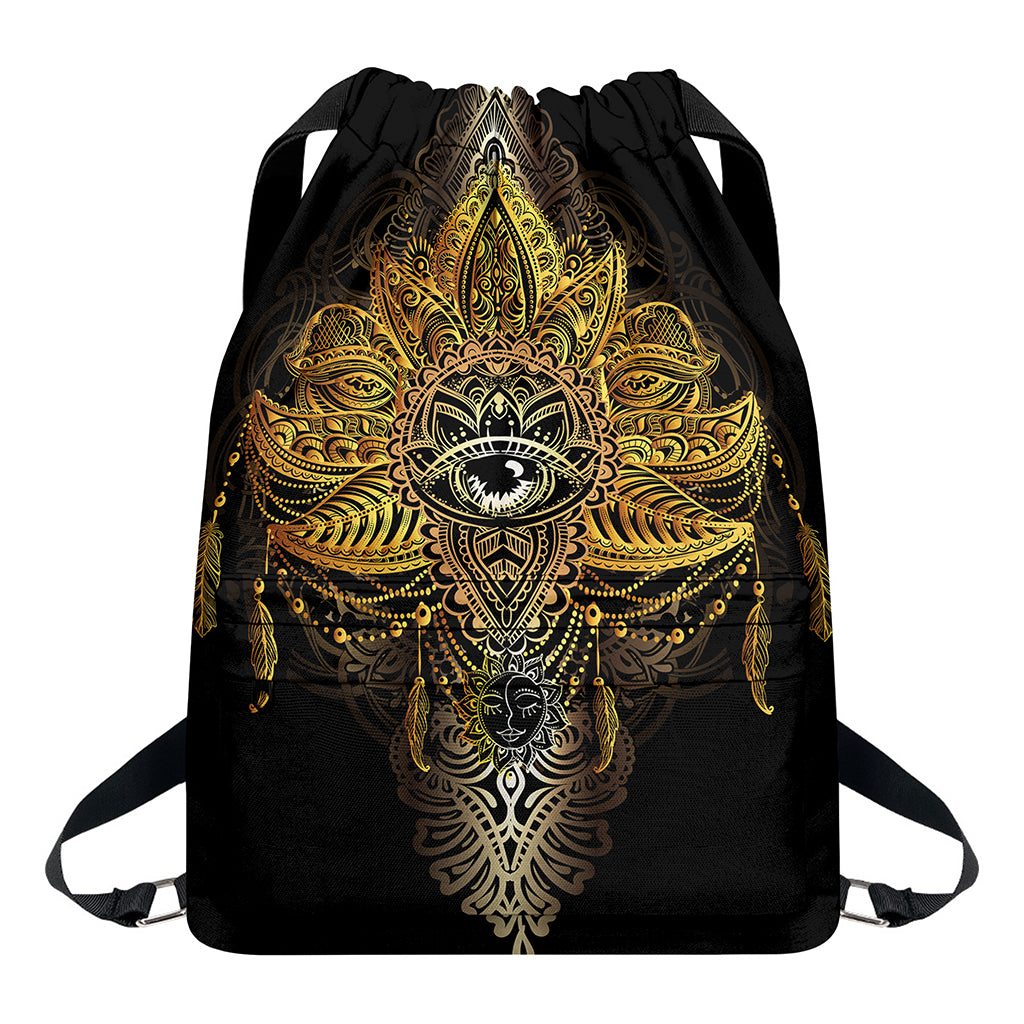 Golden Spiritual Lotus Print Drawstring Backpack