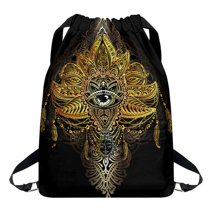 Golden Spiritual Lotus Print Drawstring Backpack