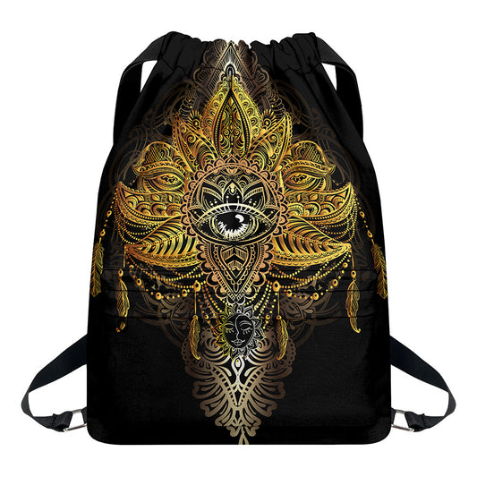 Golden Spiritual Lotus Print Drawstring Backpack