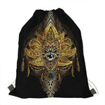 Golden Spiritual Lotus Print Drawstring Bag
