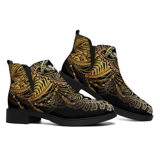 Golden Spiritual Lotus Print Flat Ankle Boots