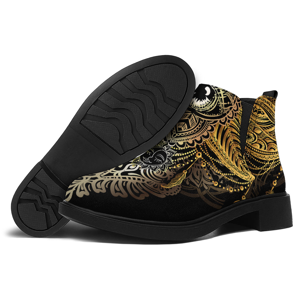 Golden Spiritual Lotus Print Flat Ankle Boots
