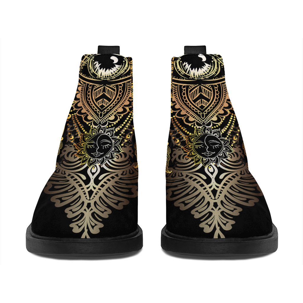 Golden Spiritual Lotus Print Flat Ankle Boots