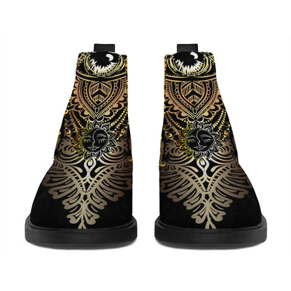 Golden Spiritual Lotus Print Flat Ankle Boots