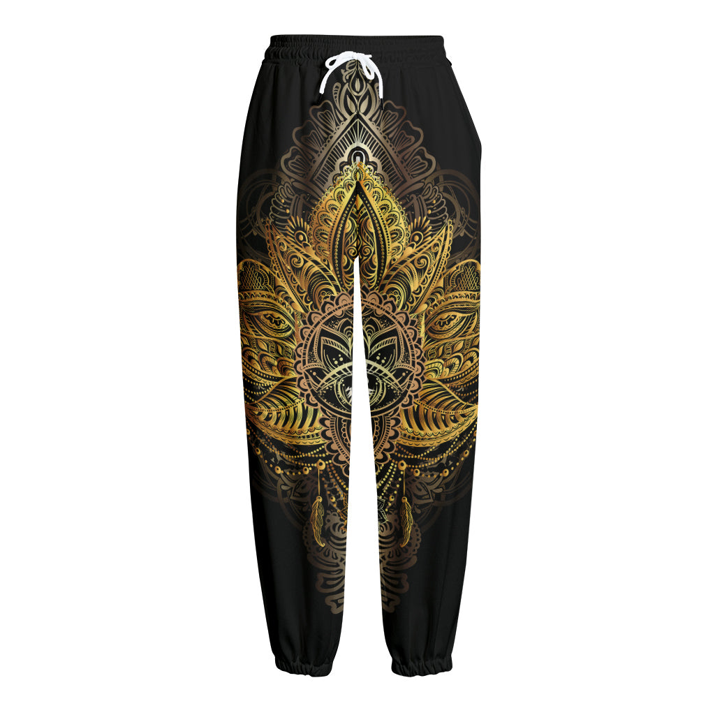 Golden Spiritual Lotus Print Fleece Lined Knit Pants