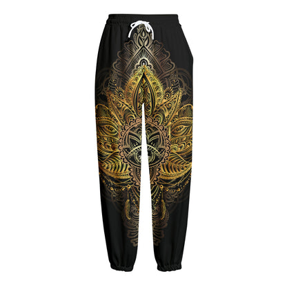 Golden Spiritual Lotus Print Fleece Lined Knit Pants