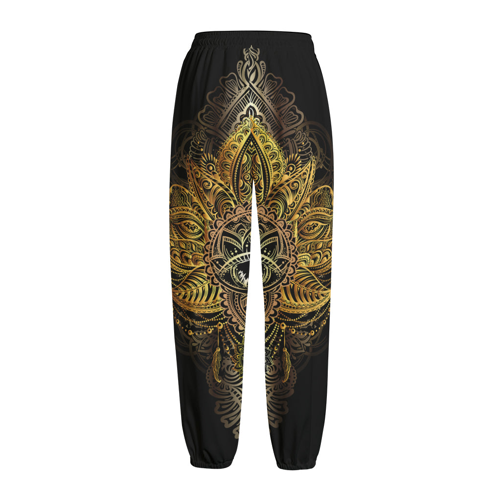 Golden Spiritual Lotus Print Fleece Lined Knit Pants