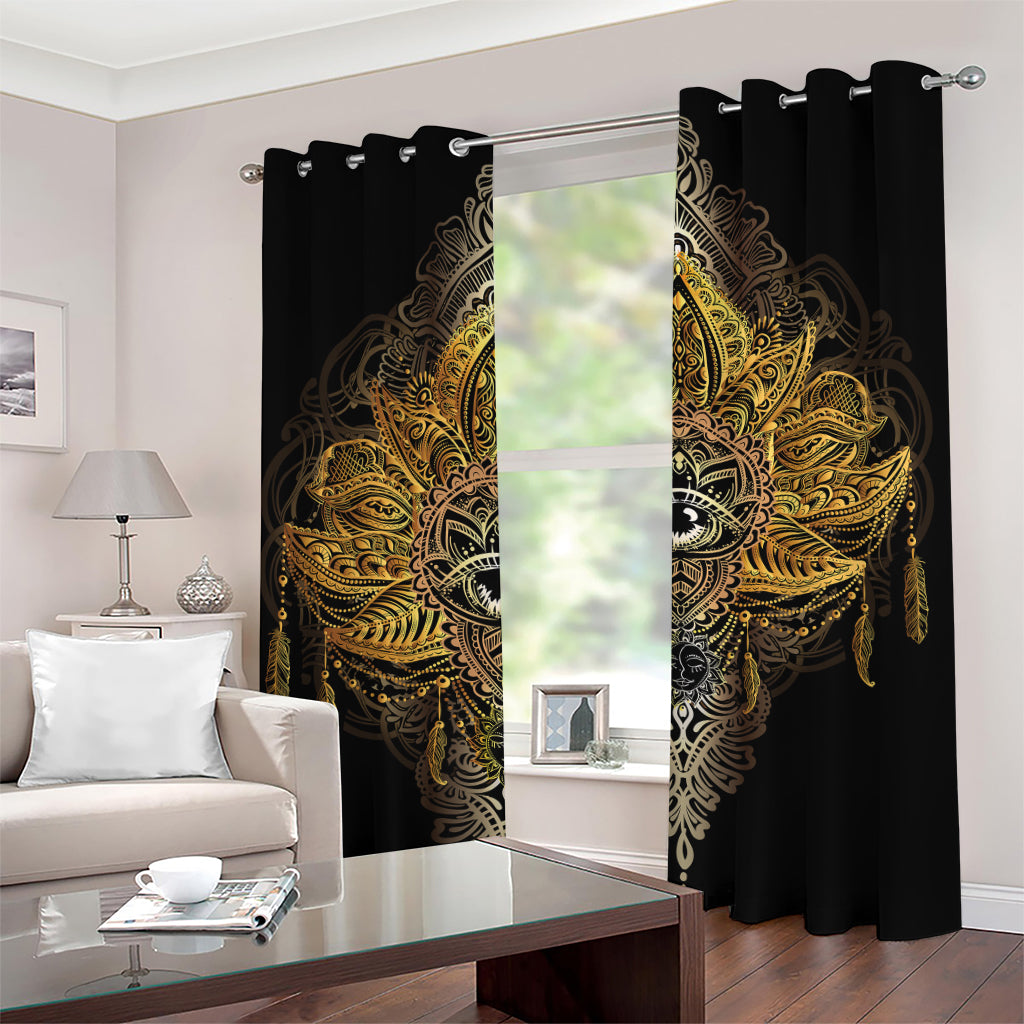 Golden Spiritual Lotus Print Grommet Curtains