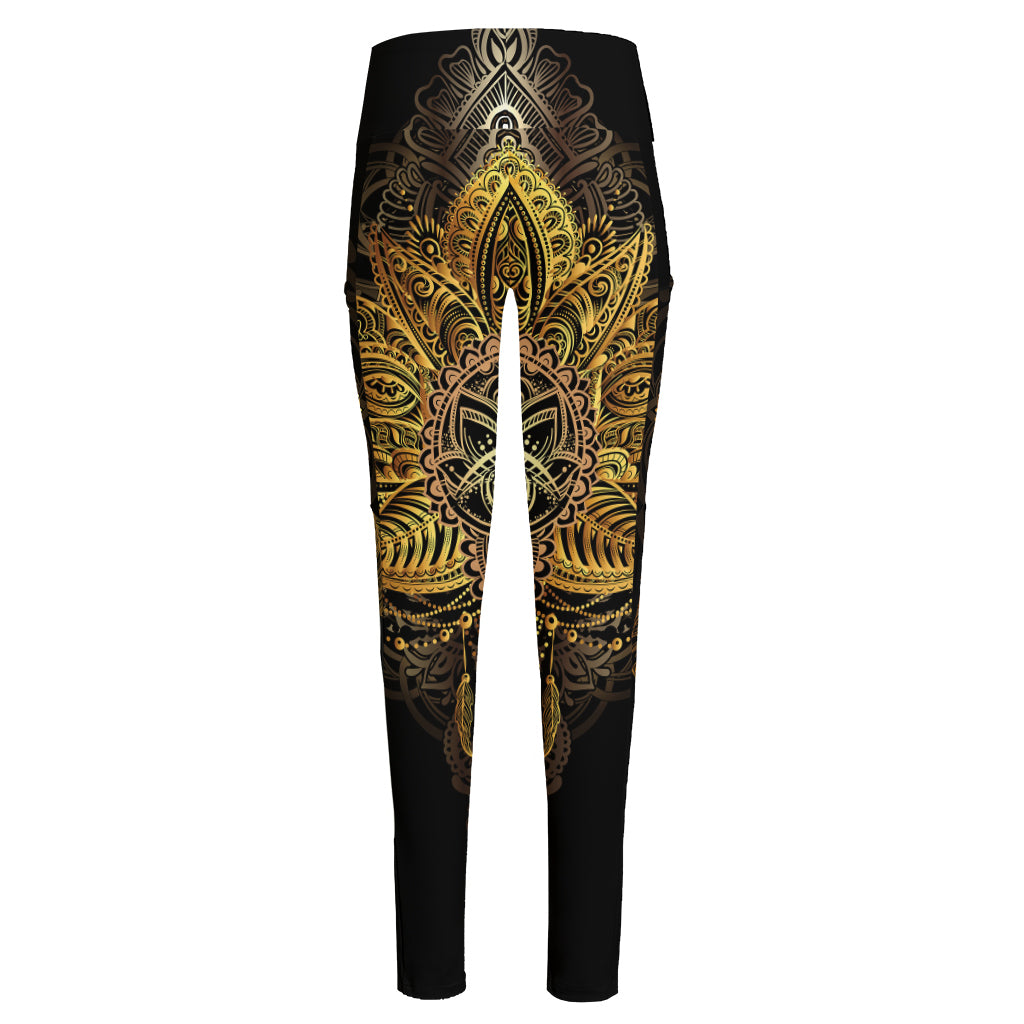 Golden Spiritual Lotus Print High-Waisted Pocket Leggings