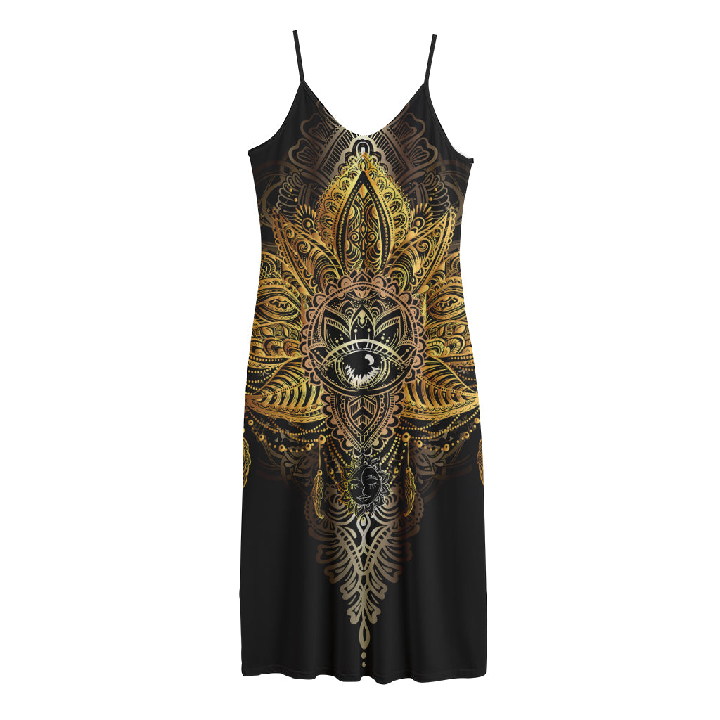 Golden Spiritual Lotus Print Jersey Midi Cami Dress