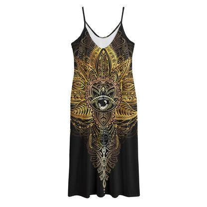 Golden Spiritual Lotus Print Jersey Midi Cami Dress