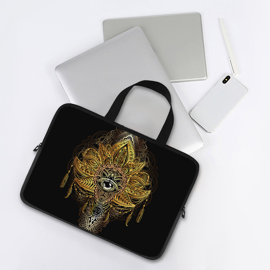 Golden Spiritual Lotus Print Laptop Sleeve With Handle