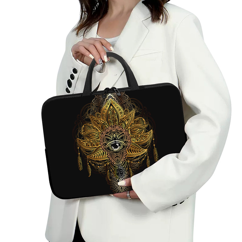 Golden Spiritual Lotus Print Laptop Sleeve With Handle