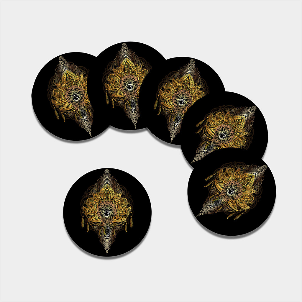 Golden Spiritual Lotus Print Leather Coaster Set