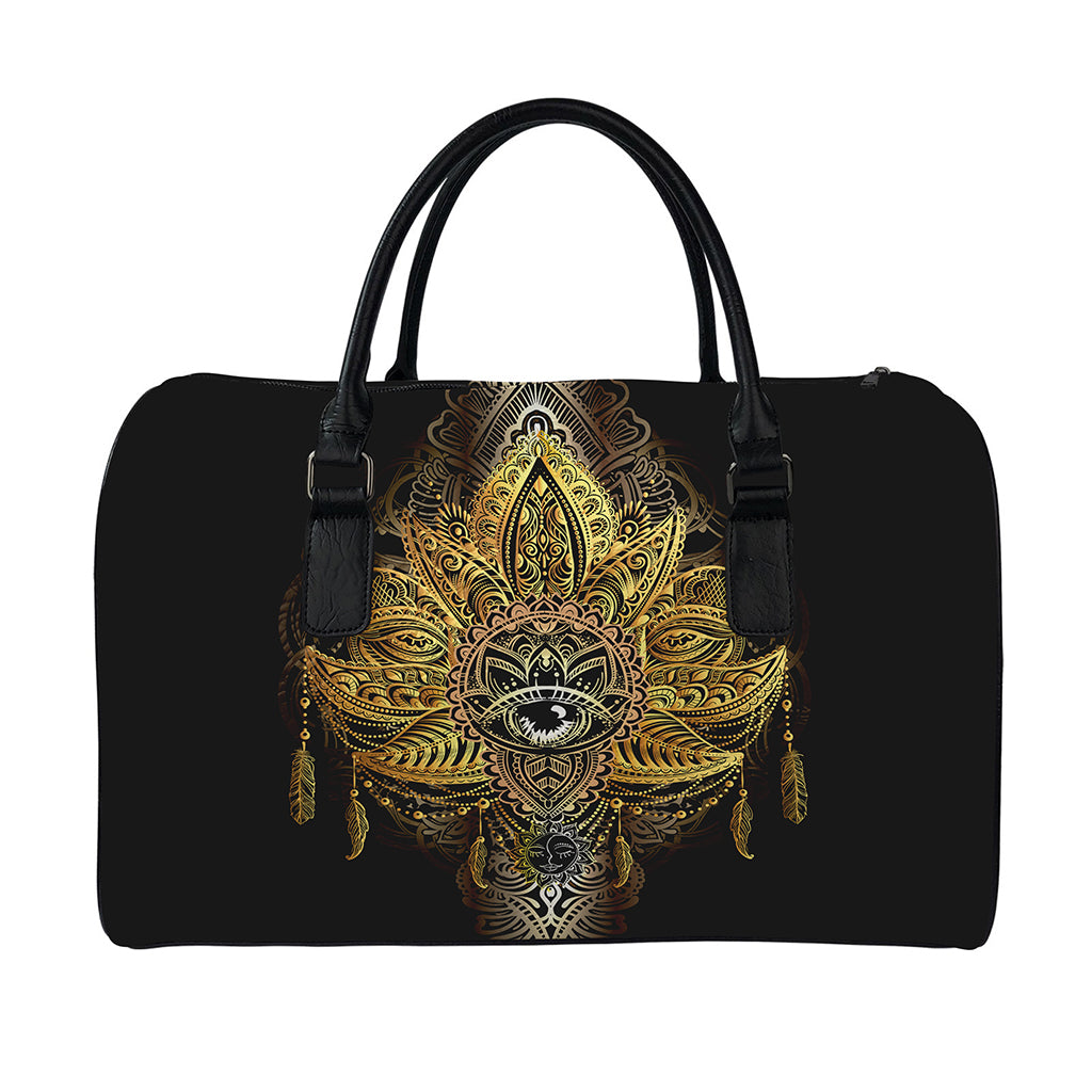 Golden Spiritual Lotus Print Leather Duffle Bag