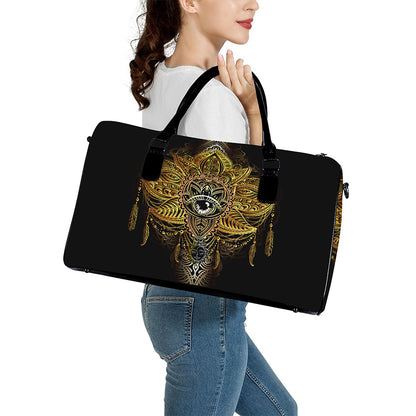 Golden Spiritual Lotus Print Leather Duffle Bag
