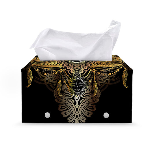 Golden Spiritual Lotus Print Leather Tissue Box Cover