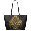 Golden Spiritual Lotus Print Leather Tote Bag With Zipper
