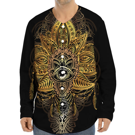 Golden Spiritual Lotus Print Long Sleeve Baseball Jersey