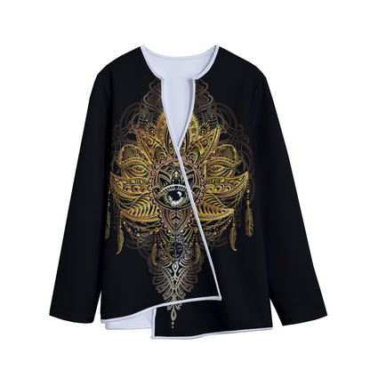 Golden Spiritual Lotus Print Long Sleeve Short Coat