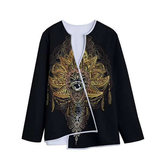 Golden Spiritual Lotus Print Long Sleeve Short Coat