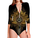 Golden Spiritual Lotus Print Long Sleeve Swimsuit