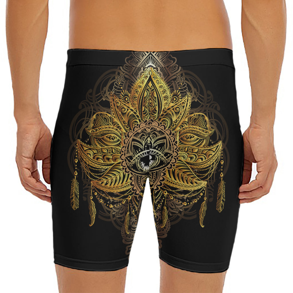 Golden Spiritual Lotus Print Men's Long Boxer Briefs