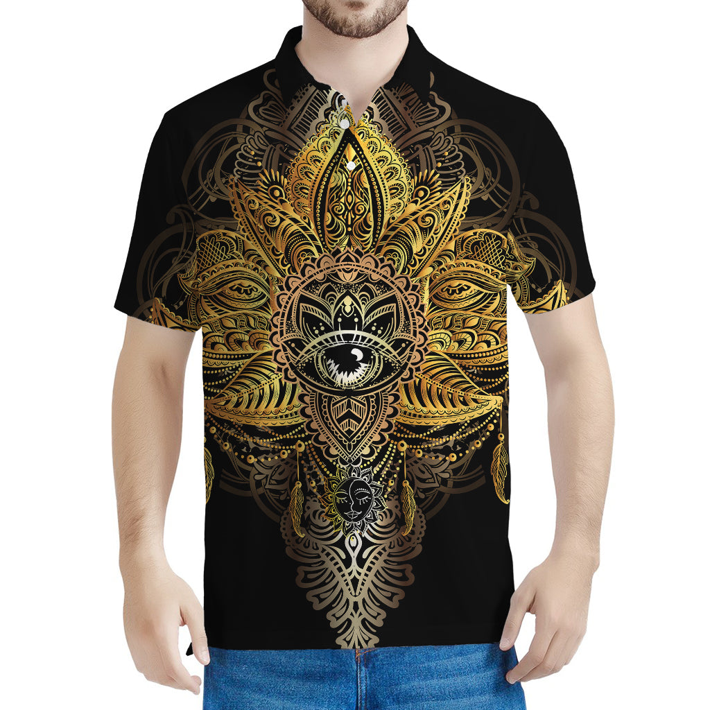 Golden Spiritual Lotus Print Men's Polo Shirt