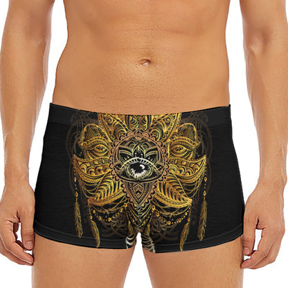 Golden Spiritual Lotus Print Men's Short Boxer Briefs