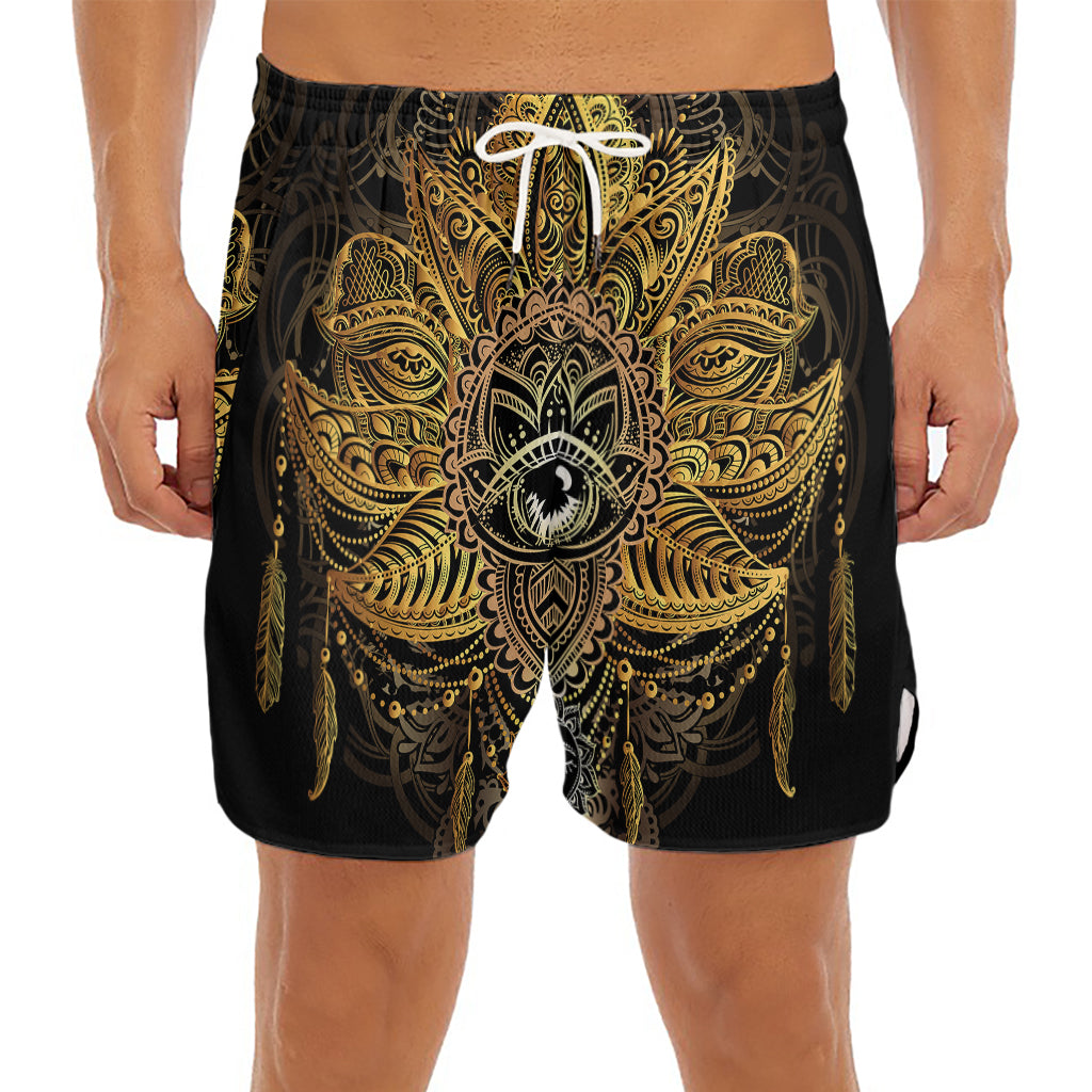 Golden Spiritual Lotus Print Men's Split Running Shorts