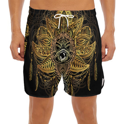Golden Spiritual Lotus Print Men's Split Running Shorts