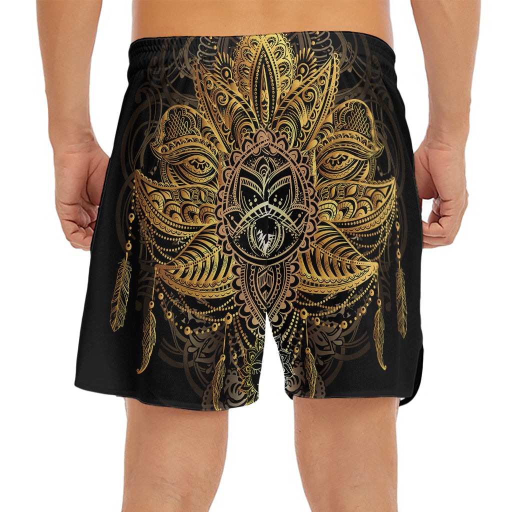 Golden Spiritual Lotus Print Men's Split Running Shorts