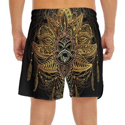 Golden Spiritual Lotus Print Men's Split Running Shorts