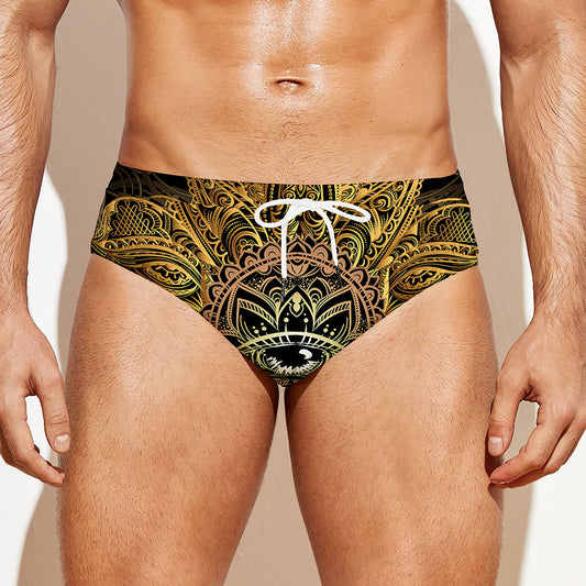 Golden Spiritual Lotus Print Men's Swim Briefs