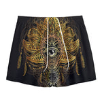 Golden Spiritual Lotus Print Mesh Shorts