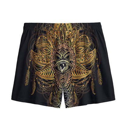 Golden Spiritual Lotus Print Mesh Shorts