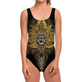 Golden Spiritual Lotus Print One Piece Swimsuit
