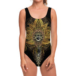 Golden Spiritual Lotus Print One Piece Swimsuit