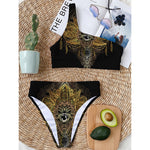 Golden Spiritual Lotus Print One Shoulder Bikini Top