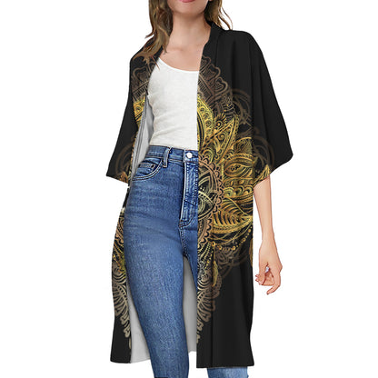 Golden Spiritual Lotus Print Open Front Beach Cover Up