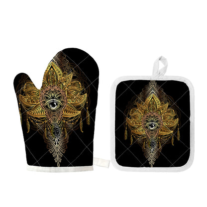 Golden Spiritual Lotus Print Oven Mitt And Pot Holder Set
