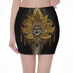 Golden Spiritual Lotus Print Pencil Mini Skirt