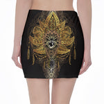 Golden Spiritual Lotus Print Pencil Mini Skirt